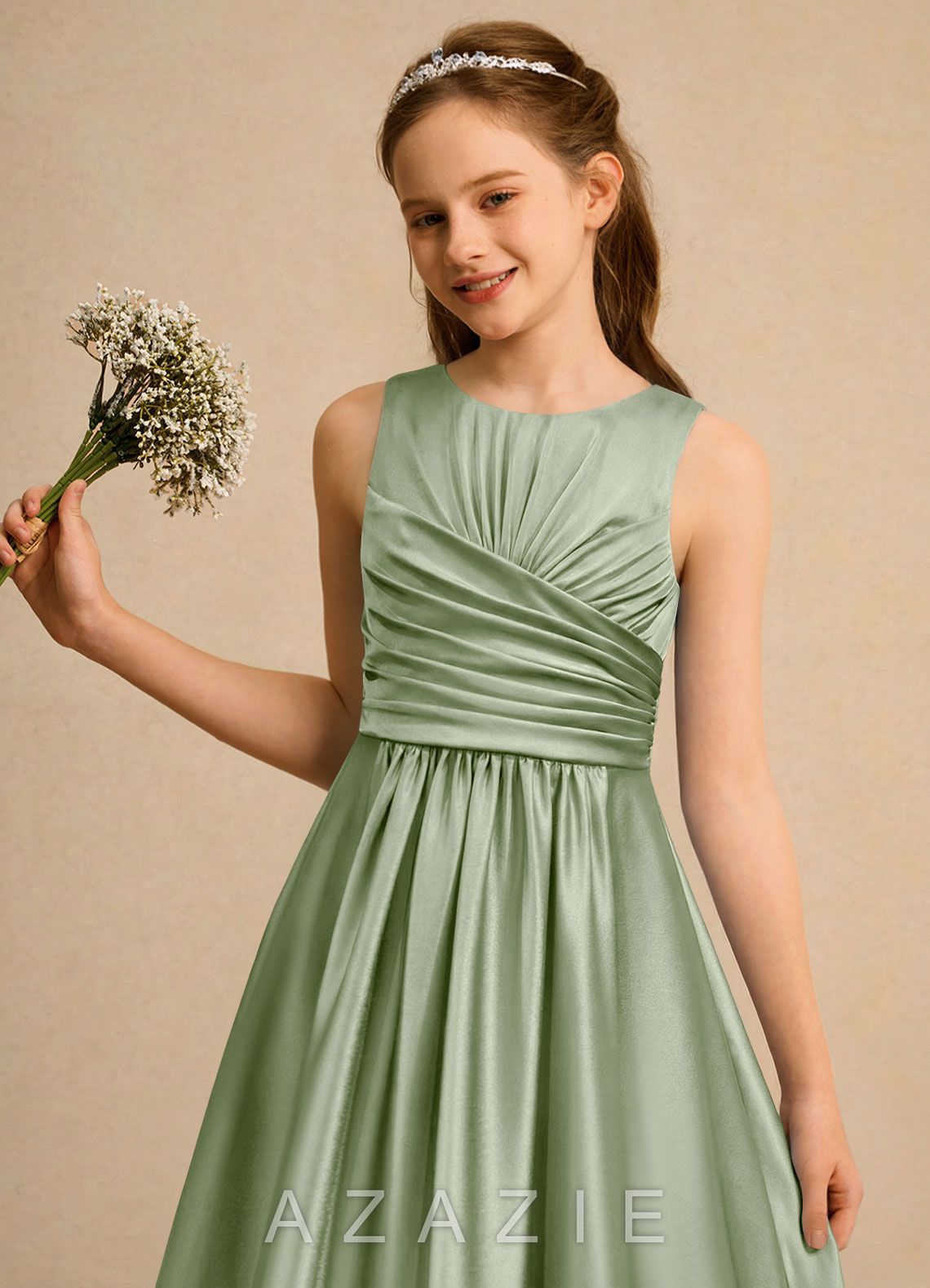 Azazie Ducky Girls Formal Dusty Sage A-Line Pleated Stretch Satin Dress dusty_sage