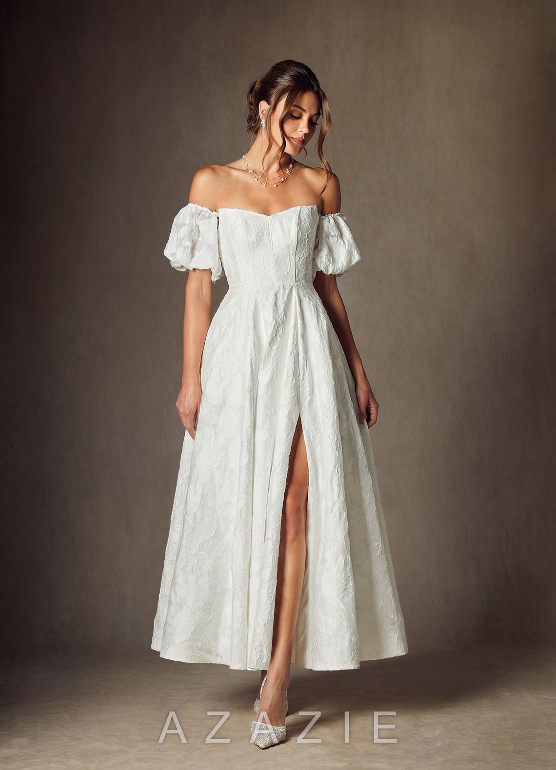 Azazie Clotille Diamond White Ball-Gown Sweetheart Neckline Floral Burnout Jacquard Dress diamond_white