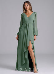 Azazie Liah Eucalyptus A-Line Long Sleeve Chiffon Dress