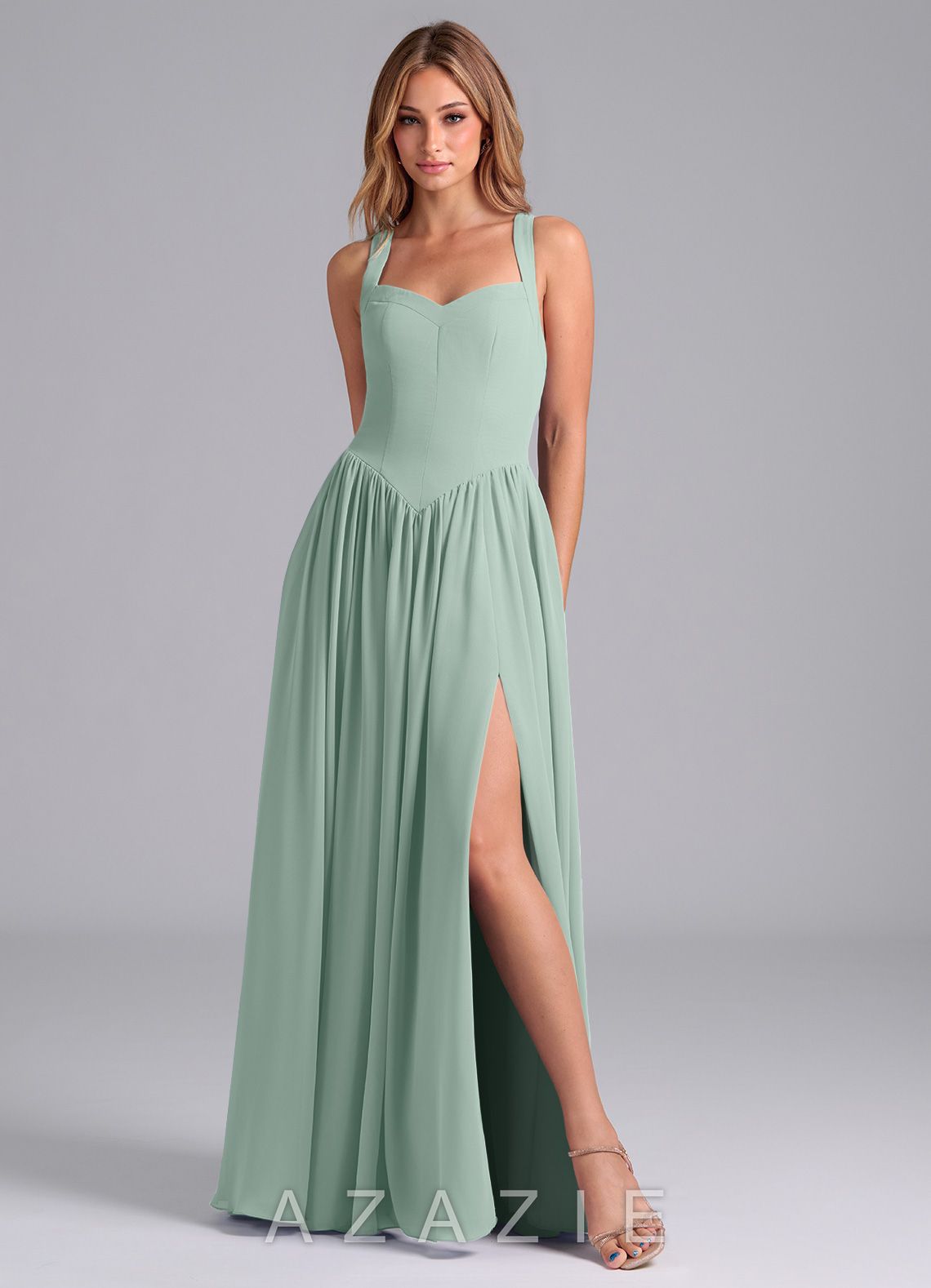 Azazie Francis Agave A-Line Corset Chiffon Dress agave