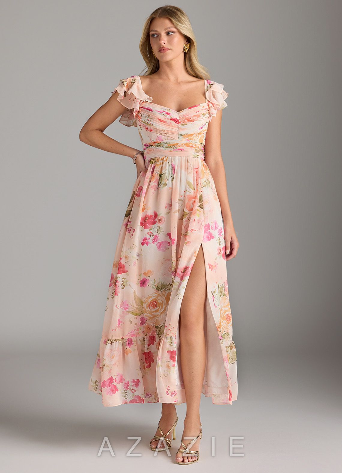 Azazie Anaya Abstract Bouquet Floral A-Line Sweetheart Neckline Chiffon Dress