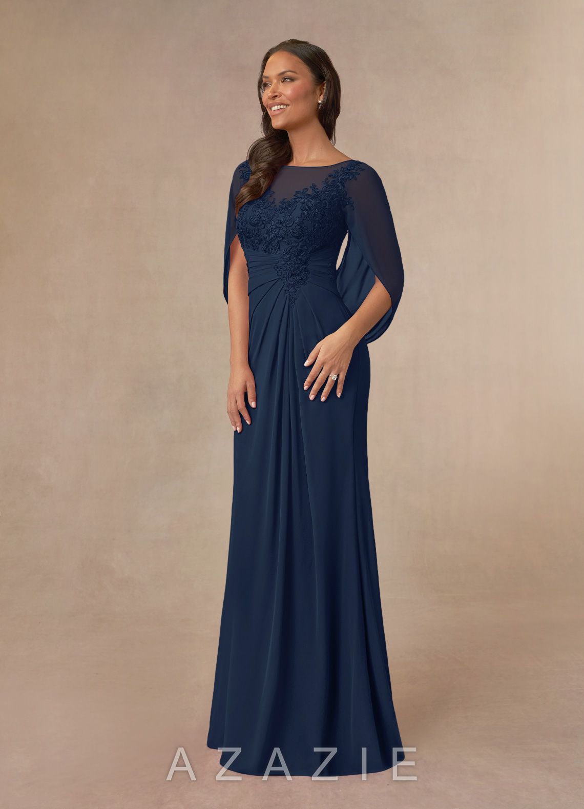 Azazie Hera Dark Navy A-Line Lace Capelet Chiffon Dress dark_navy
