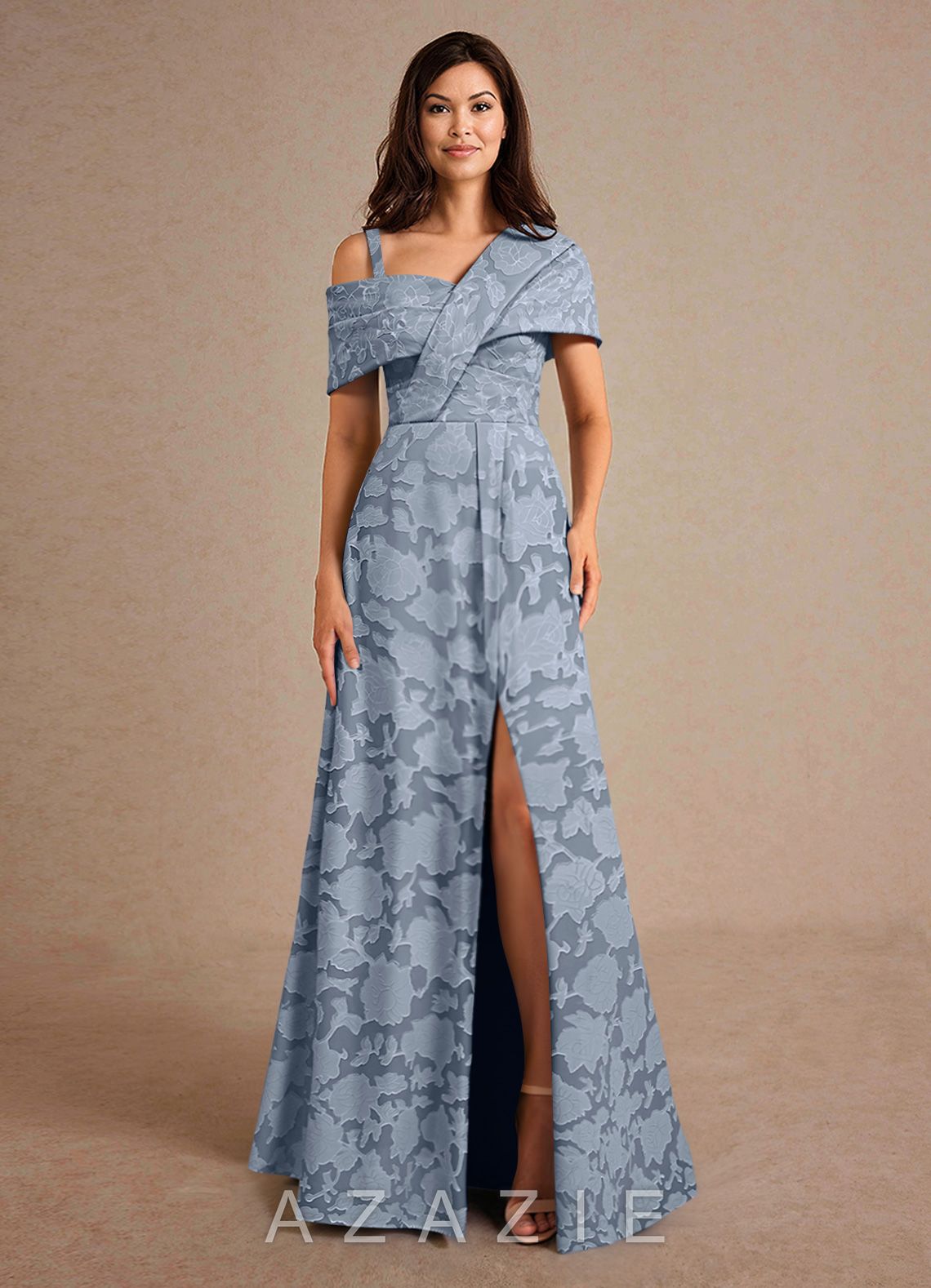Azazie Milton Dusty Blue A-Line Pleated Floral Burnout Dress dusty_blue