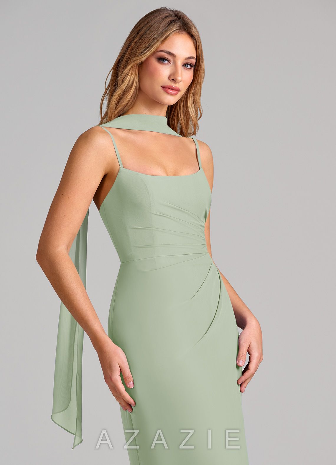 Azazie Calandra Dusty Sage Sheath Pleated Chiffon Dress dusty_sage