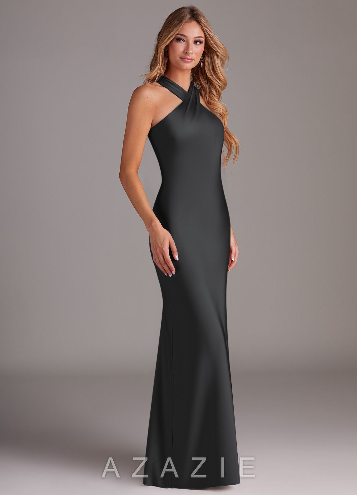 Azazie Doretta Black Mermaid Pleated Stretch Satin Dress black