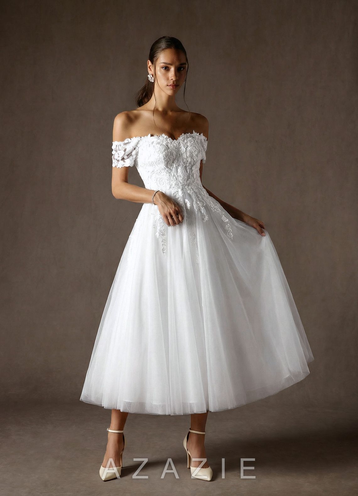 Azazie Rowe Diamond White A-Line Off the Shoulder Lace Dress diamond_white