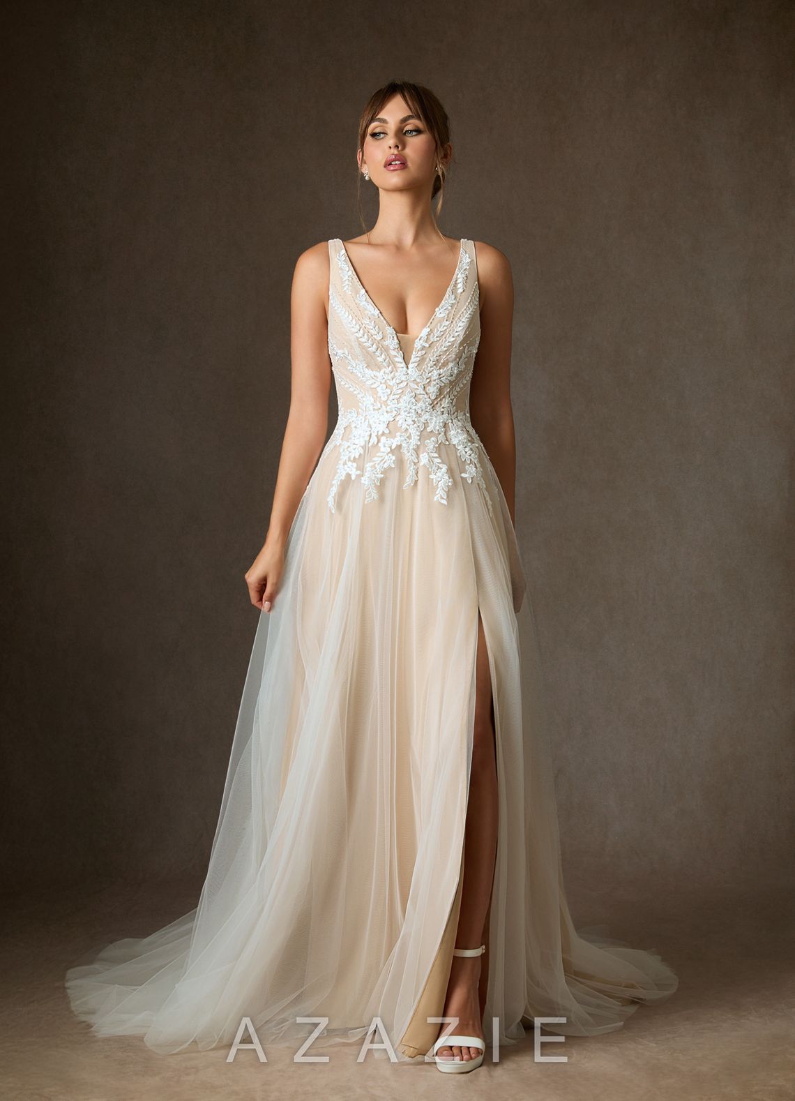 Azazie Goddess Wedding Dress Diamond White Champagne A-Line V-Neck Sequins Tulle Dress diamond_white/champagne