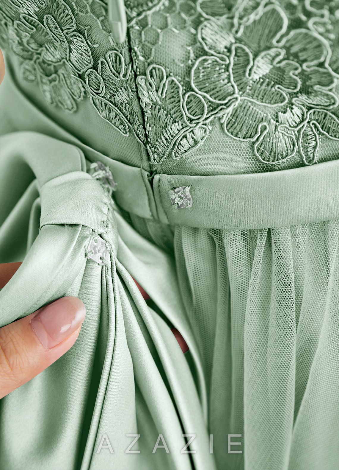Azazie Cinna Agave A-Line Lace Tulle Dress agave