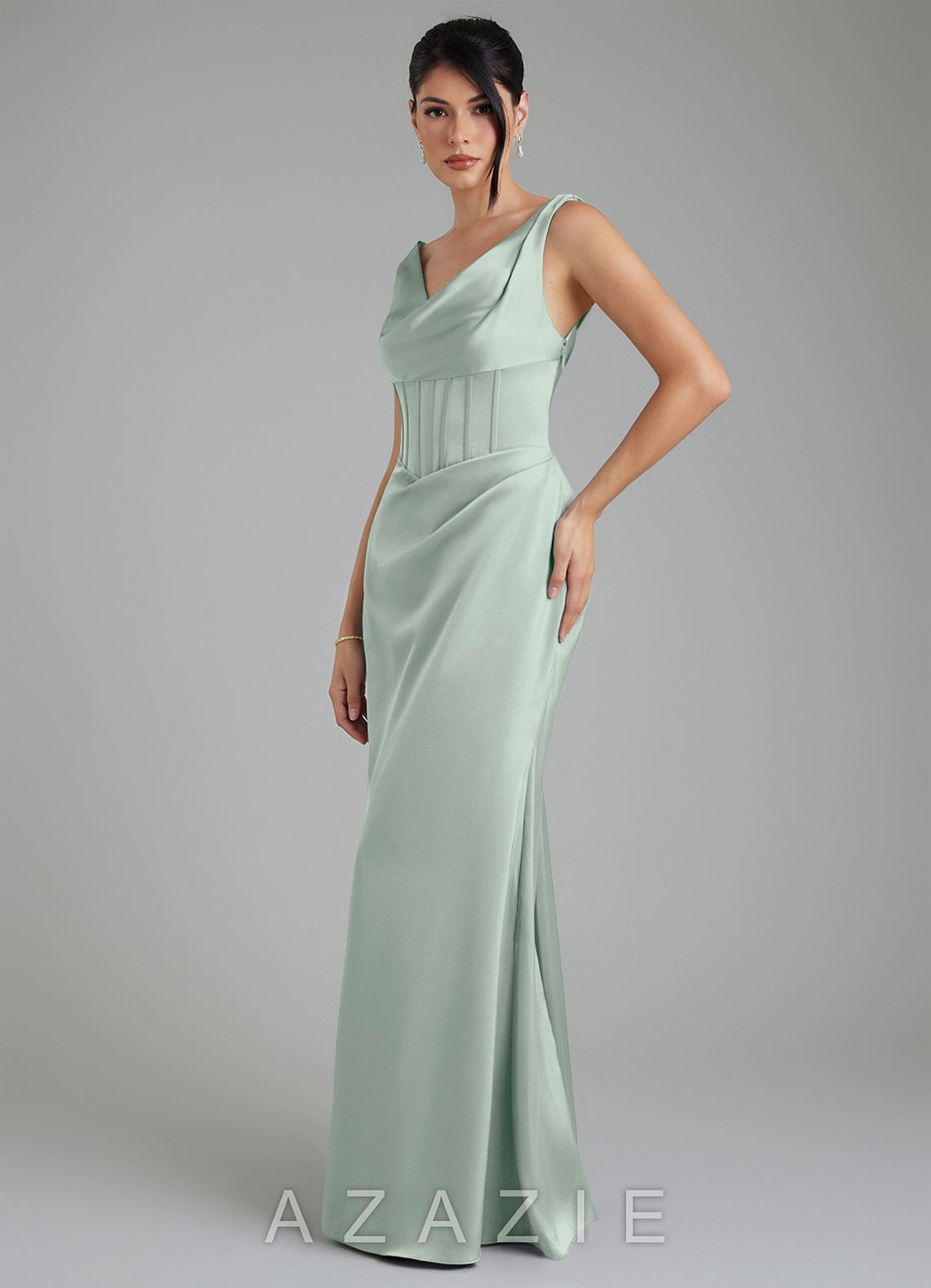 Azazie Spencer Agave Mermaid Pleated Stretch Satin Dress agave