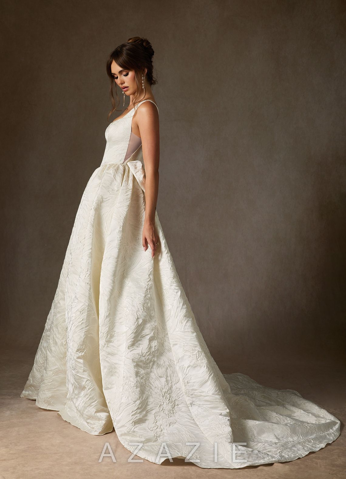 Azazie Skylin Antique White Ball-Gown with Pockets Floral Jacquard Dress antique_white