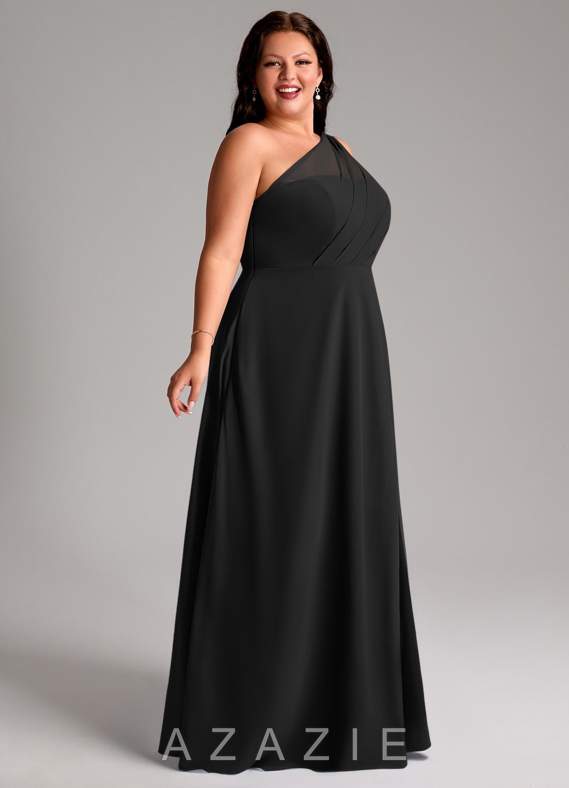 Azazie Phaedra Black A-Line One Shoulder Chiffon Dress black