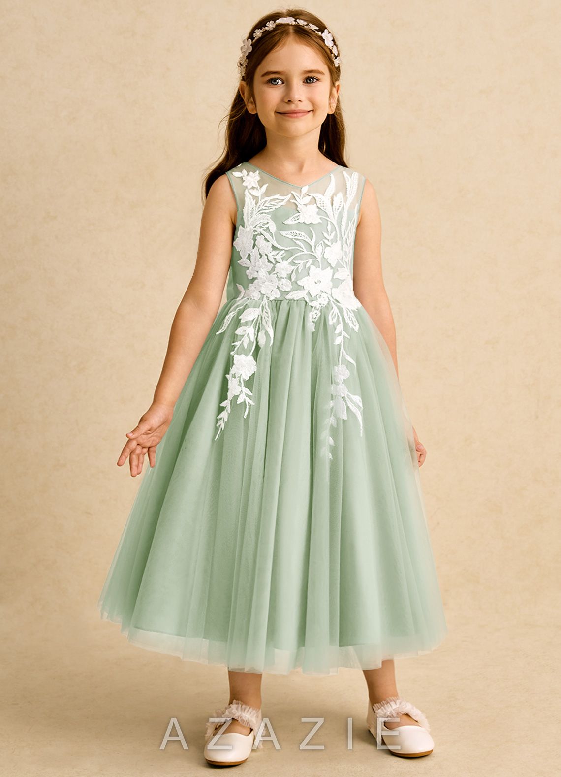 Azazie Sundae Dusty Sage Ball-Gown Lace Dress dusty_sage