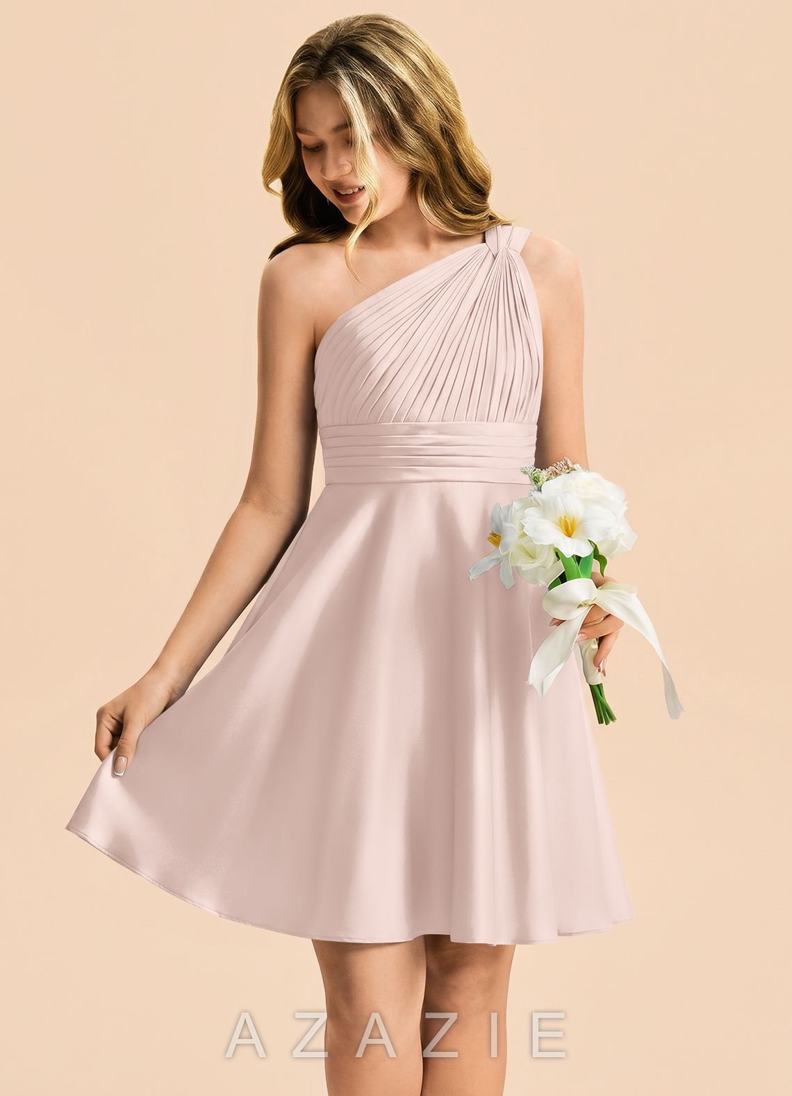 Azazie Charlize Junior Blushing Pink A-Line Pleated Stretch Satin Dress blushing_pink