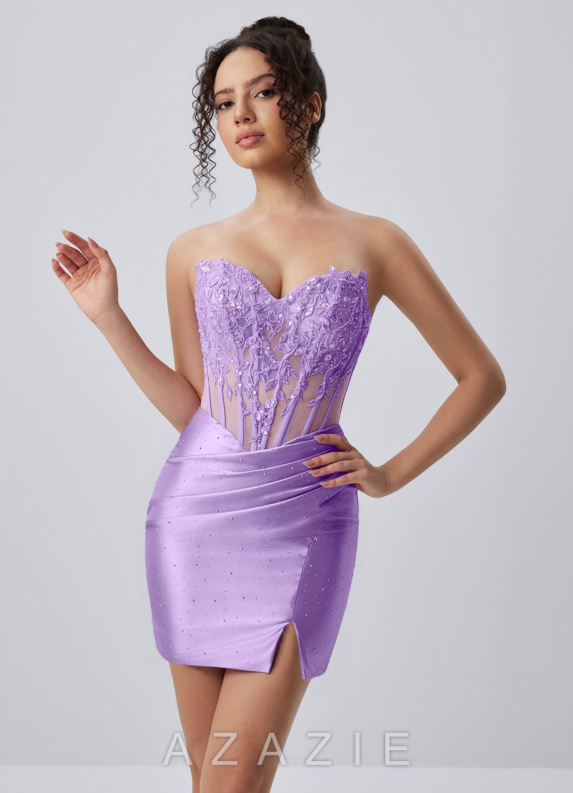 Muriel Purple Strapless Floral Lace Corset Slit Satin Mini Dress