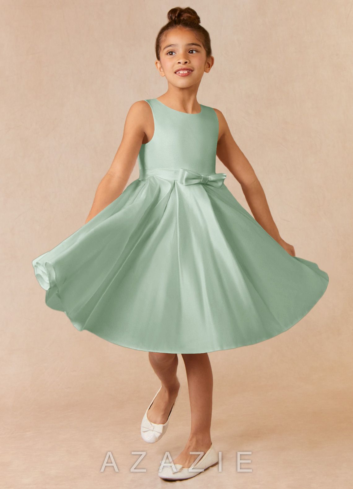 Azazie Coco Agave A-Line Bow Matte Satin Dress
