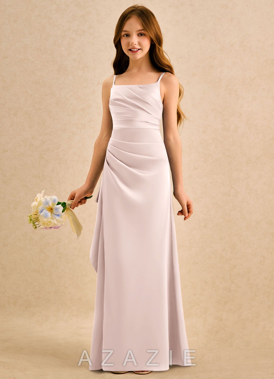 Azazie Cannoli Girls Formal Blushing Pink A-Line Pleated Stretch Satin Dress blushing_pink