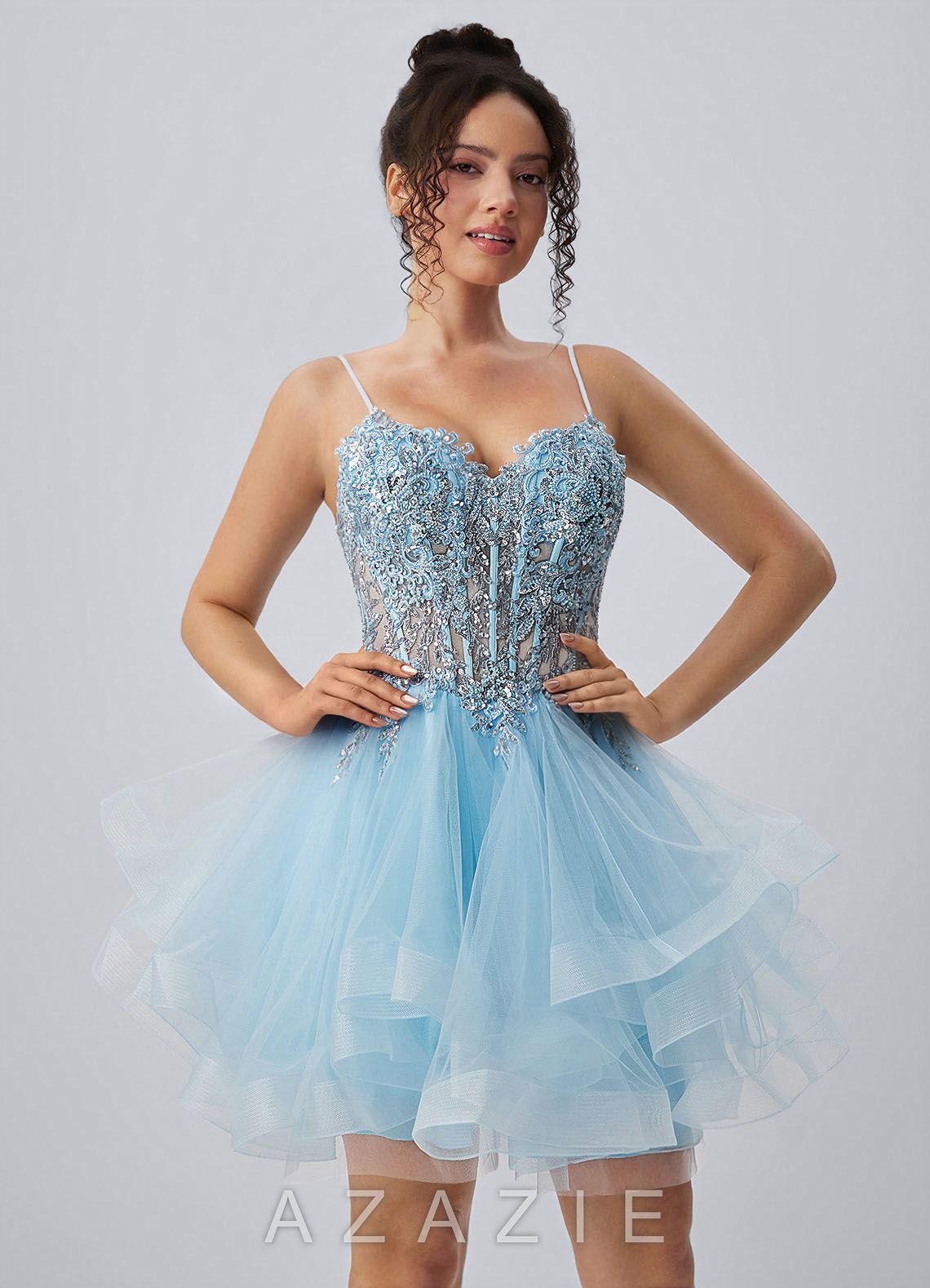 Katia Sky Blue Spaghetti Strap Tulle Lace-Up Mini Dress