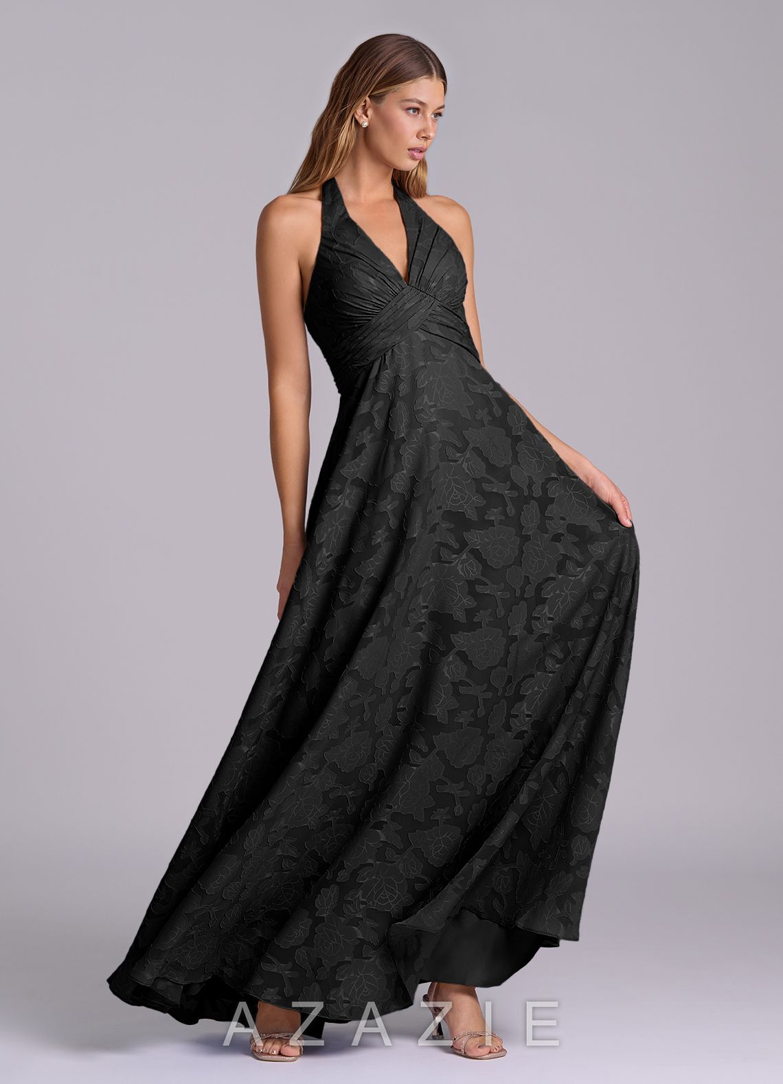 Azazie Tessie Black A-Line Pleated Floral Burnout Dress black