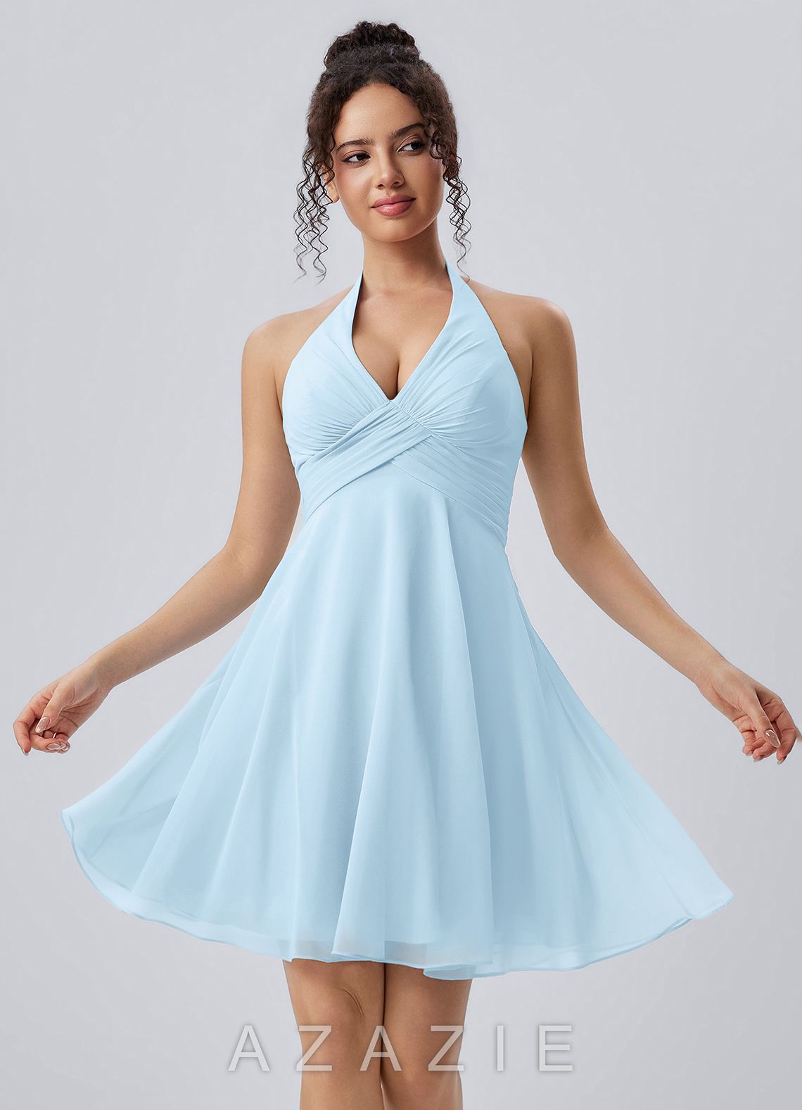 Joviannelle Light Blue Halter Hand Ruched Chiffon Mini Dress