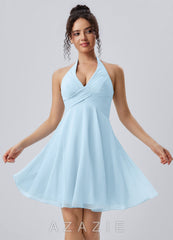 Joviannelle Light Blue Halter Hand Ruched Chiffon Mini Dress