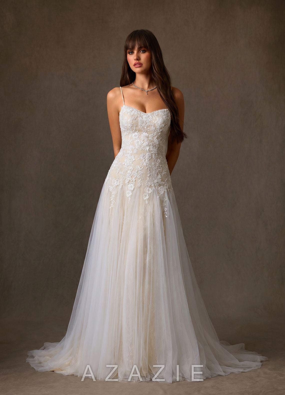 Azazie Lumina Diamond White Champagne A-Line Sweetheart Neckline Lace Dress