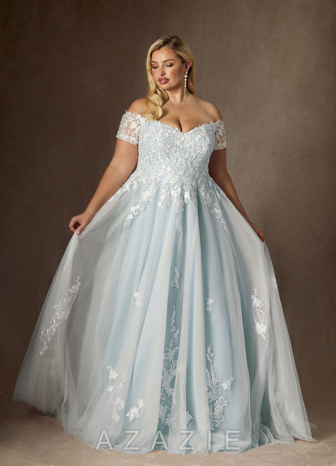 Azazie Rowe Wedding Dress Cloudy Blue Ball-Gown Off the Shoulder Tulle Dress
