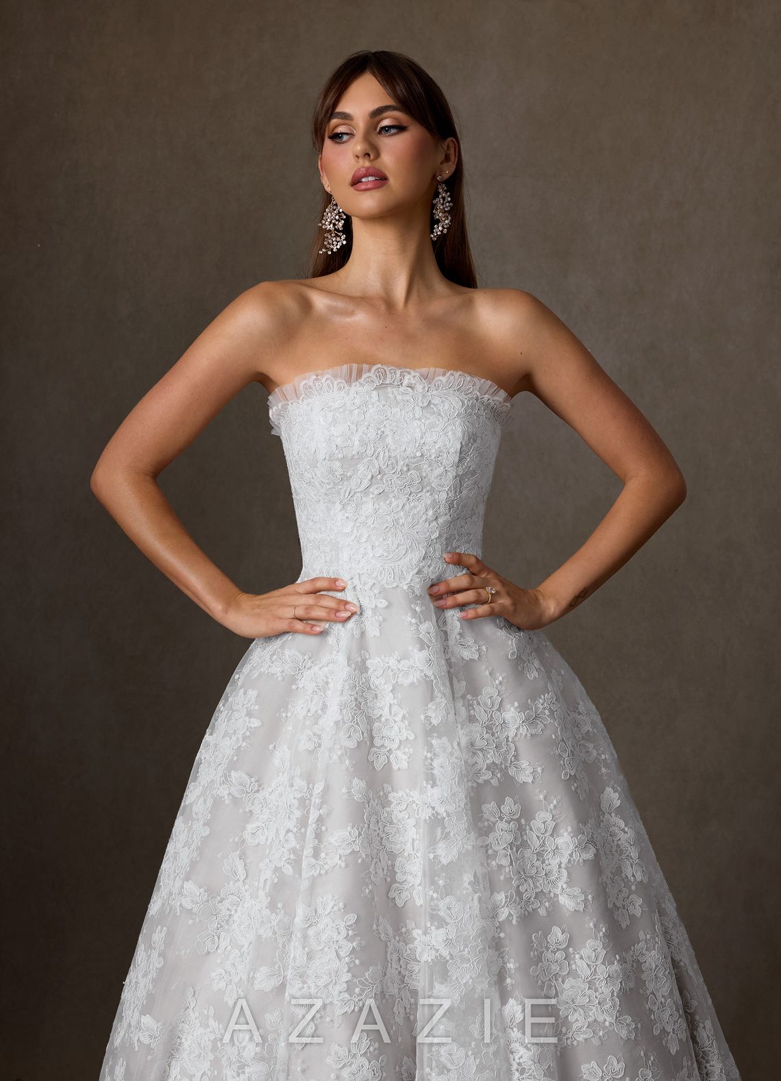 Azazie Hinata Diamond White Ball-Gown Strapless Lace Dress diamond_white