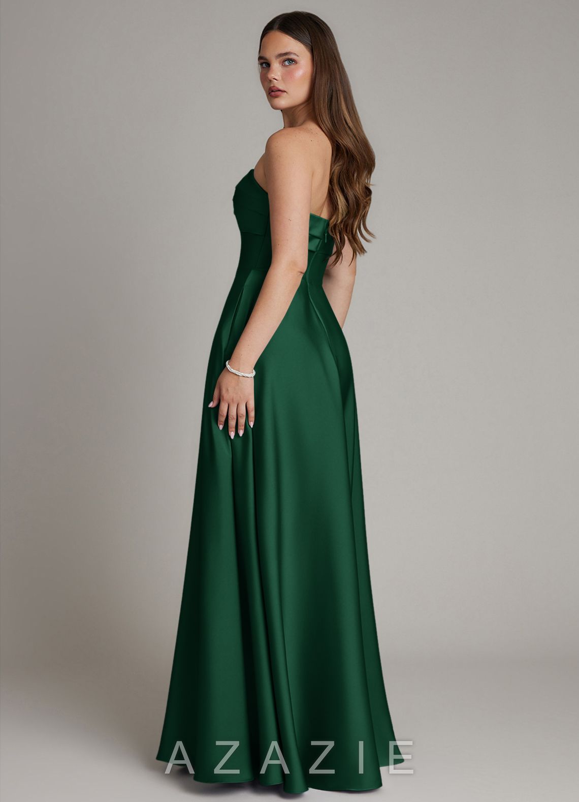 Azazie Meleena Dark Green A-Line Strapless Stretch Satin Dress dark_green