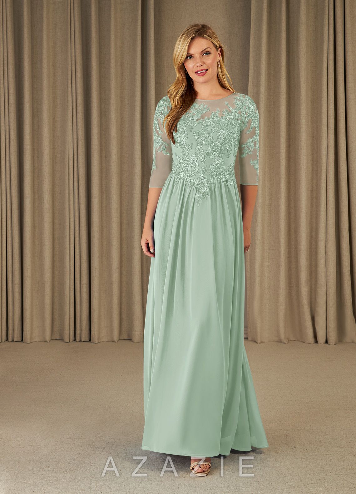 Azazie Mirielle Agave A-Line Scoop Lace Chiffon Dress