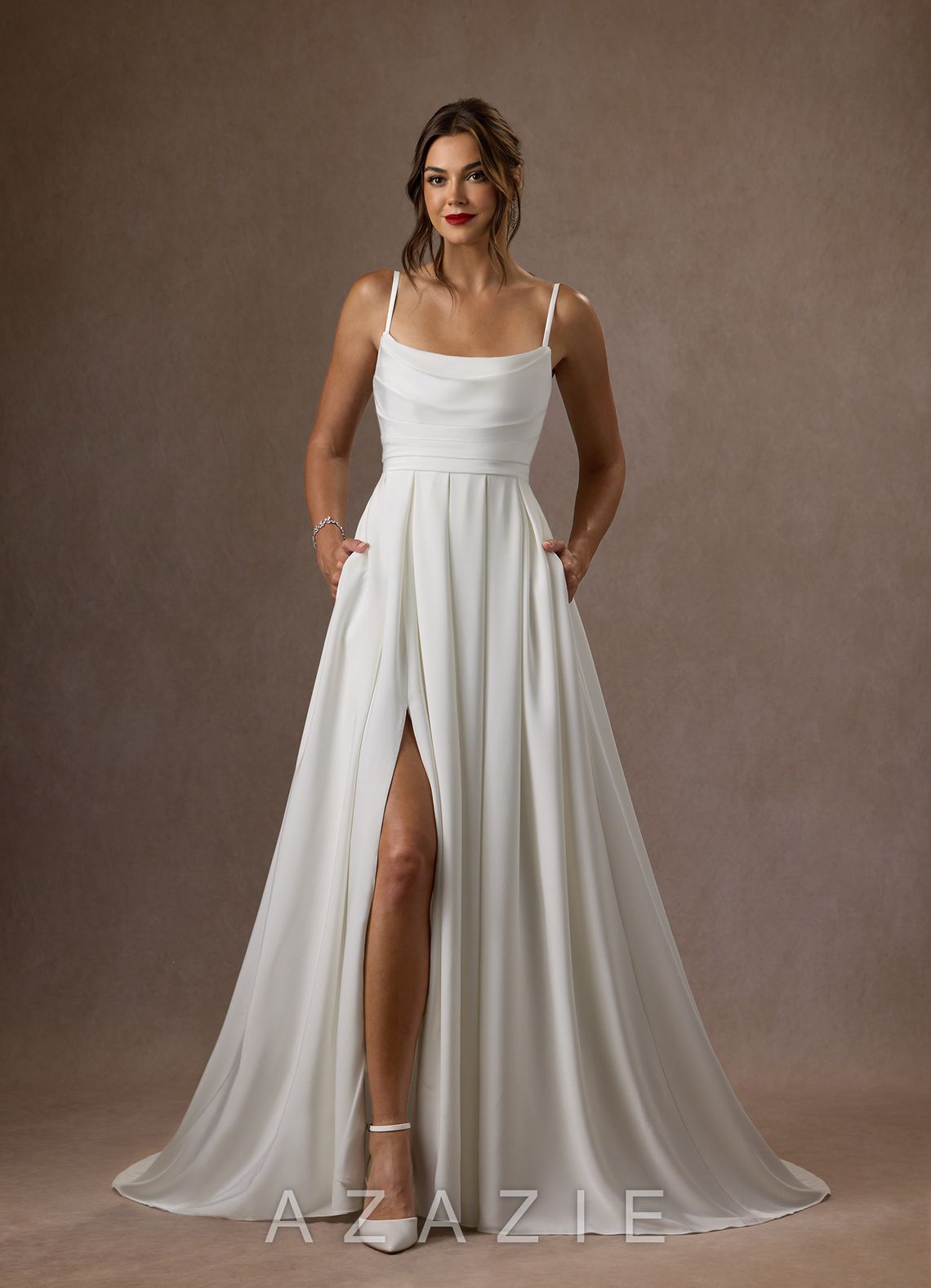 Azazie Caymus Wedding Dress Diamond White A-Line Scoop Pleated Crepe Back Satin Dress
