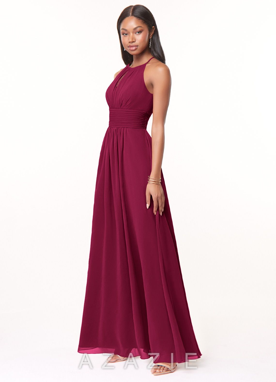 Azazie Bonnie Burgundy A-Line Keyhole Ruched Chiffon Dress burgundy