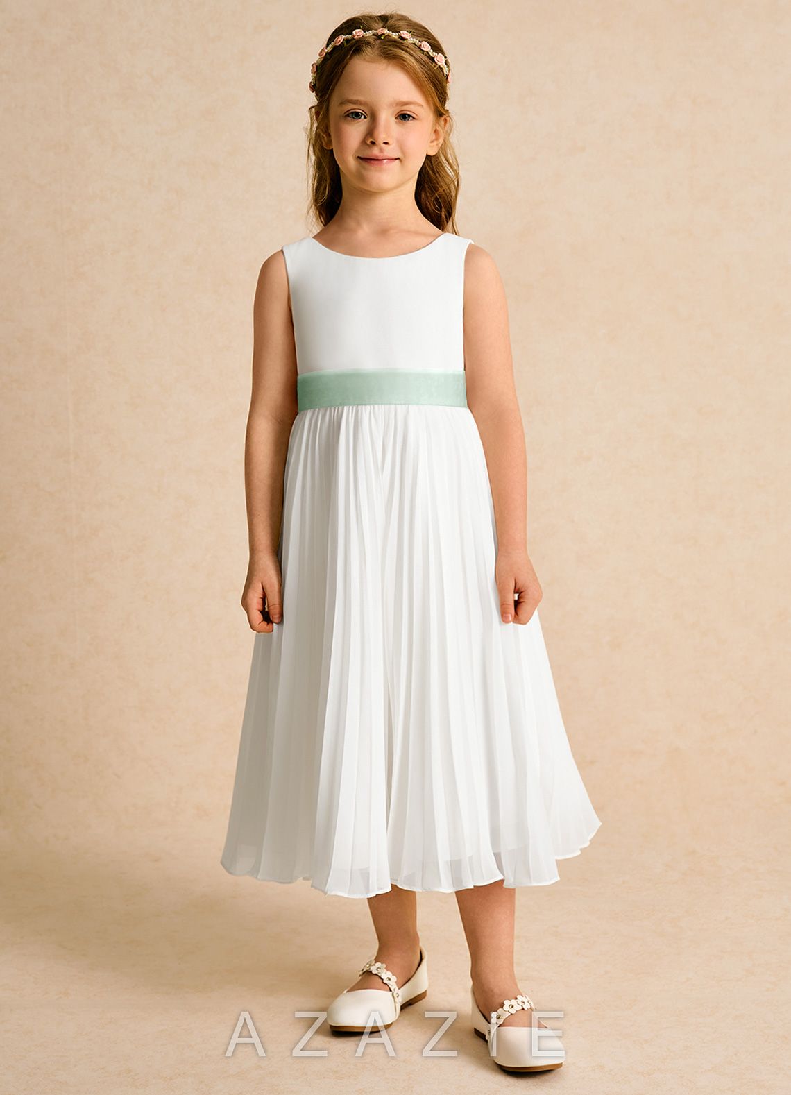 Azazie Margot Ivory Agave A-Line Pleated Chiffon Dress ivory/agave