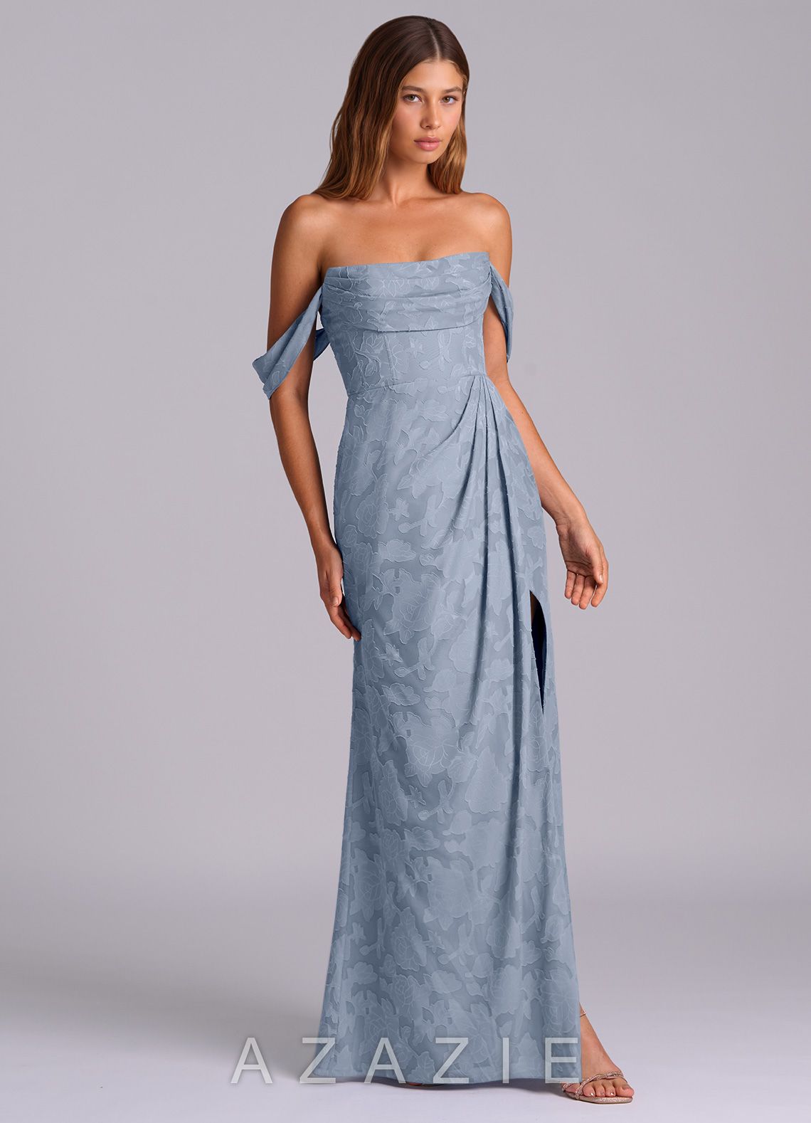 Azazie Johana Dusty Blue Mermaid Off the Shoulder Floral Burnout Convertible Dress dusty_blue