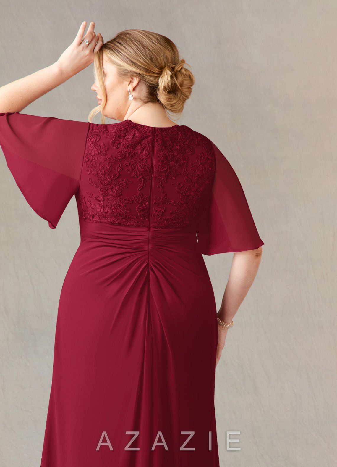 Azazie Carson Burgundy A-Line V-Neck Lace Chiffon Dress burgundy