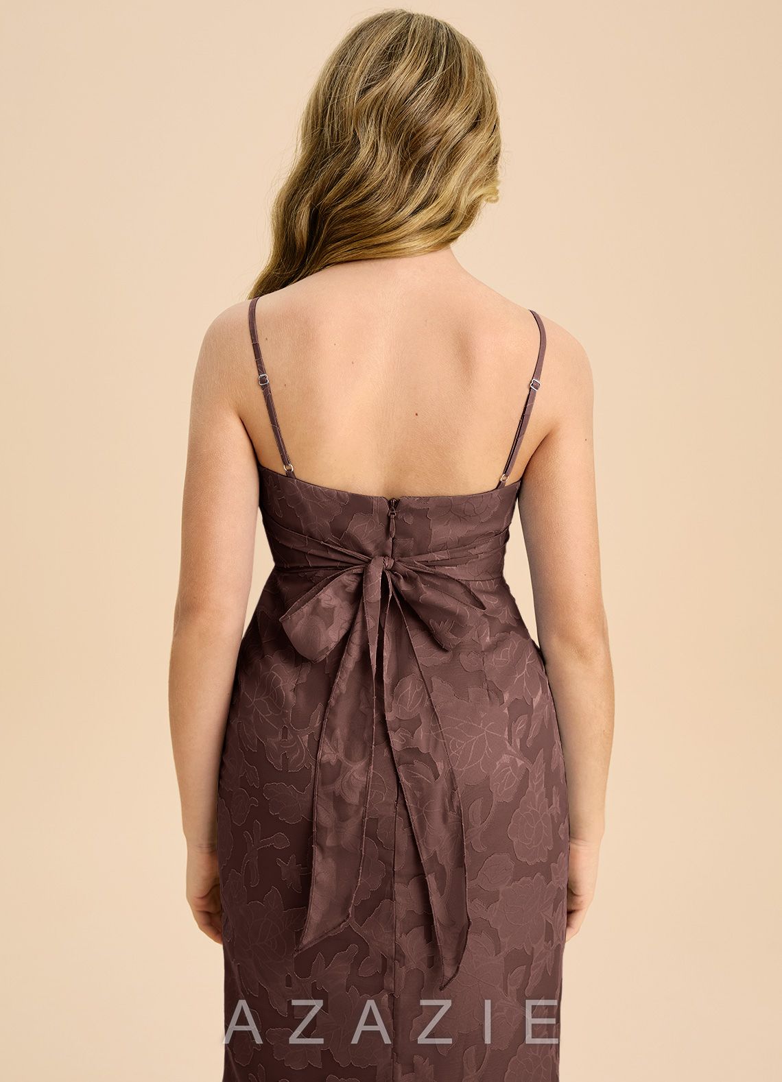 Azazie Mai Junior Espresso Sheath Pleated Floral Burnout Dress espresso