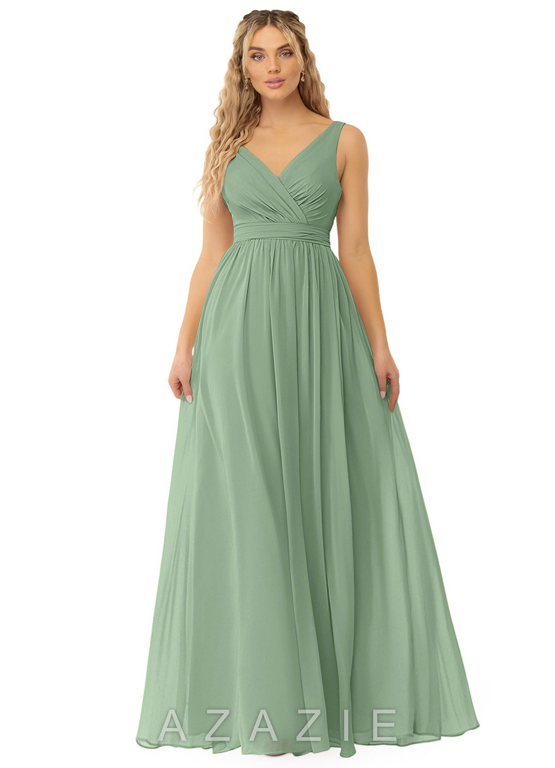 Azazie Kora Matcha A-Line Pleated Chiffon Dress