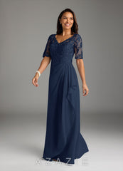 Azazie Amedeus Dark Navy A-Line V-Neck Lace Chiffon Dress