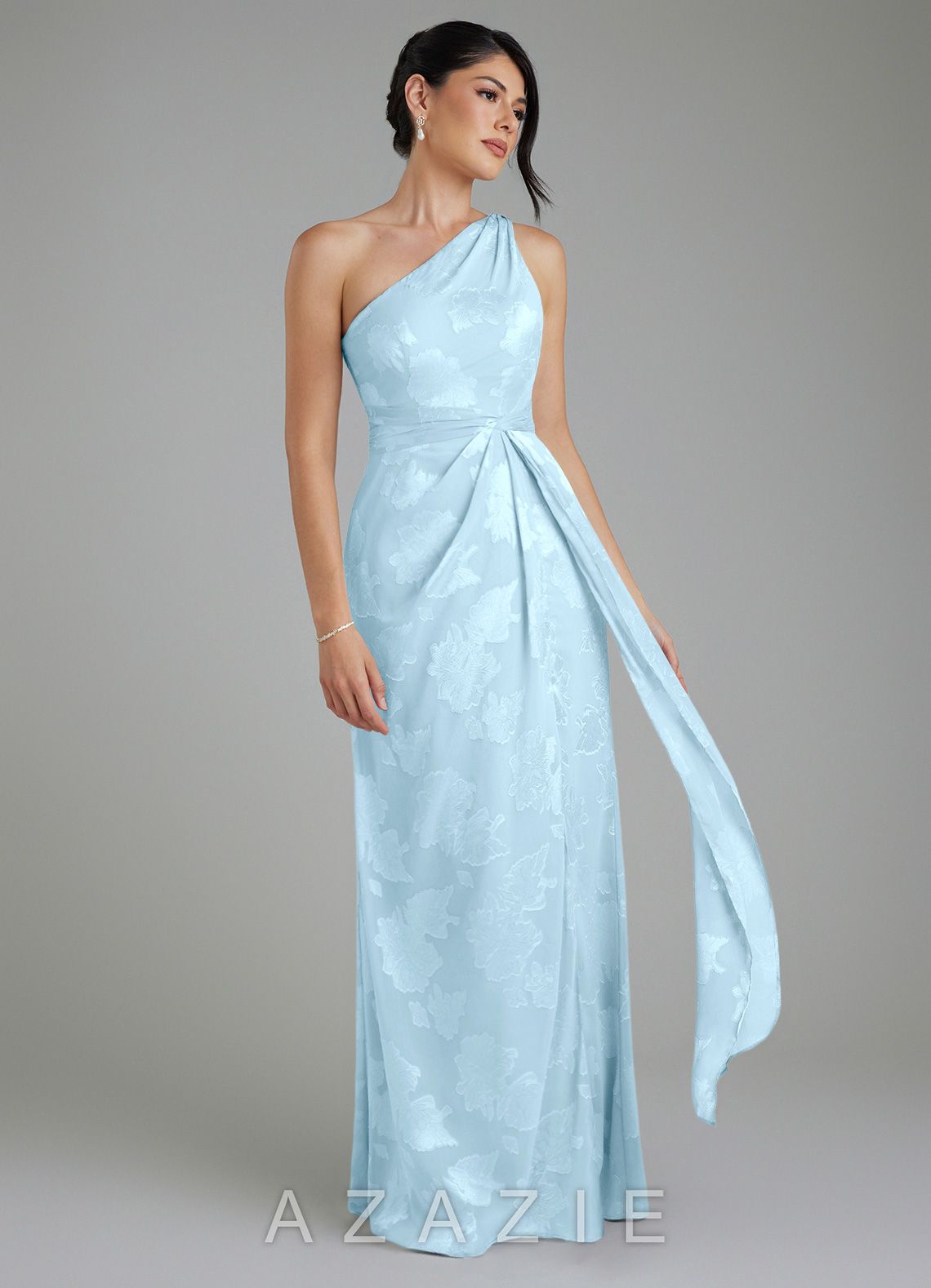 Azazie Apryl Sky Blue A-Line One Shoulder Floral Jacquard Burnout Dress