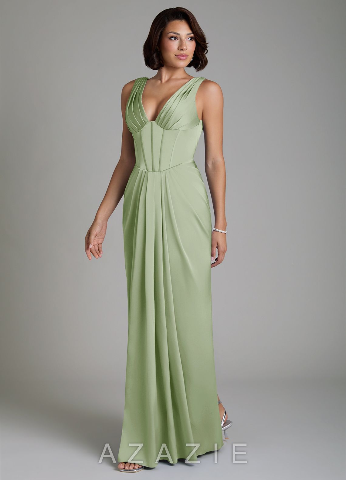 Azazie Vanya Dusty Sage Sheath Corset Stretch Satin Dress dusty_sage