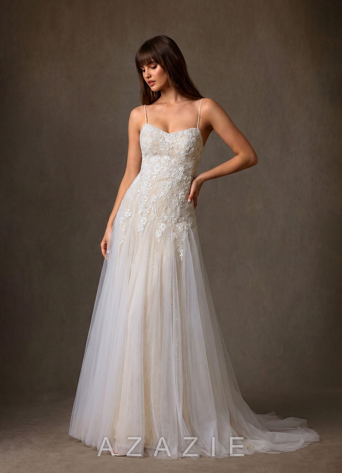 Azazie Lumina Diamond White Champagne A-Line Sweetheart Neckline Lace Dress diamond_white/champagne