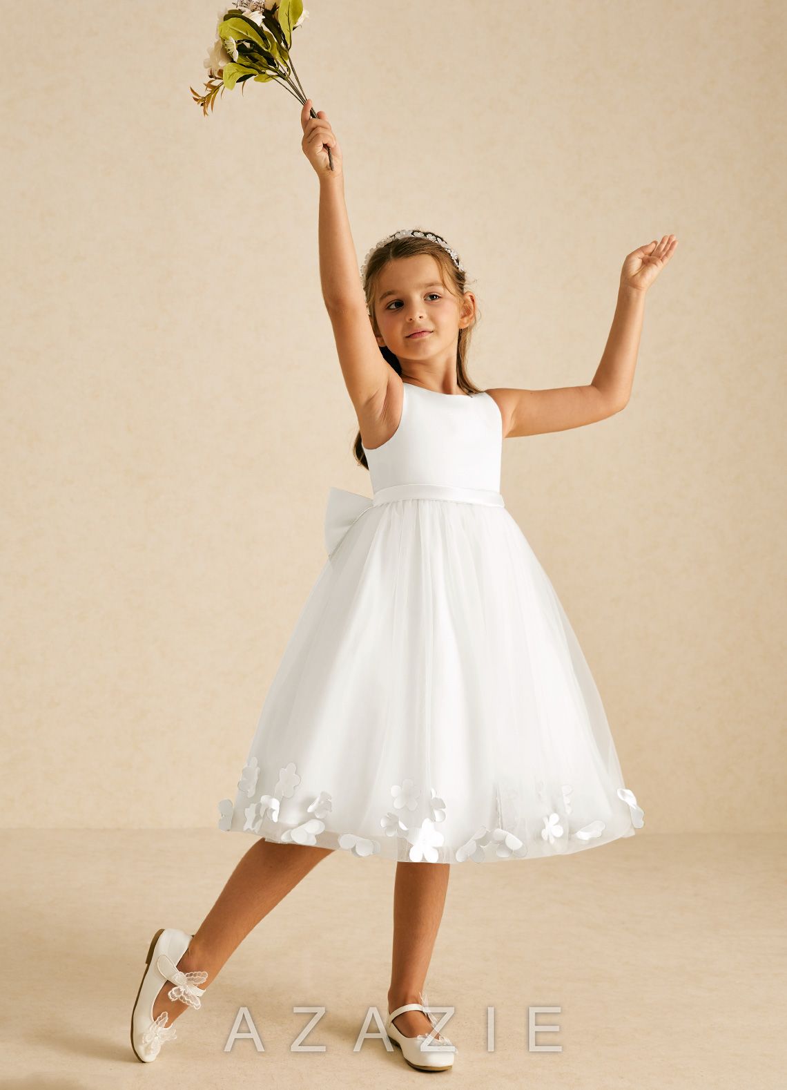 Azazie Dot Ivory A-Line Bow Tulle Dress ivory