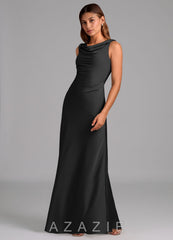 Azazie Nerine Black A-Line Pleated Stretch Satin Dress black