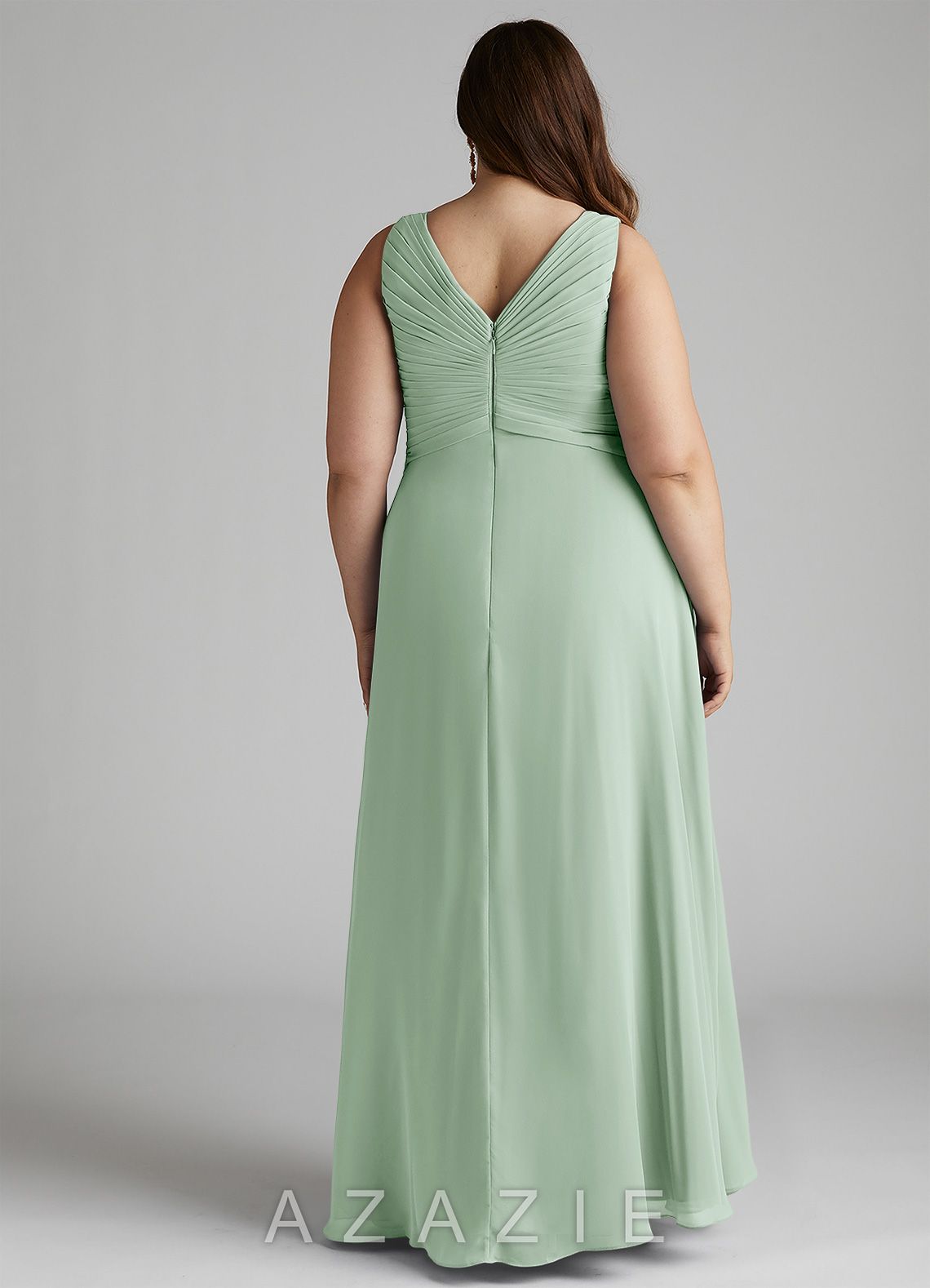 Azazie Flora Agave A-Line Pleated Chiffon Dress agave