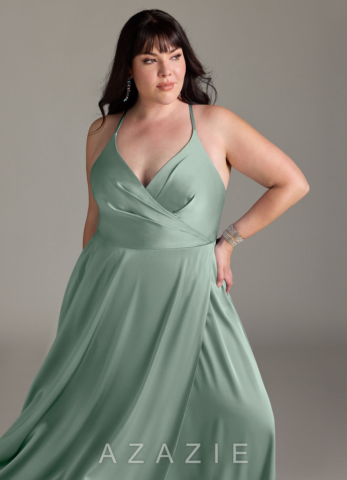 Azazie Davis Agave A-Line Pleated Stretch Satin Dress agave