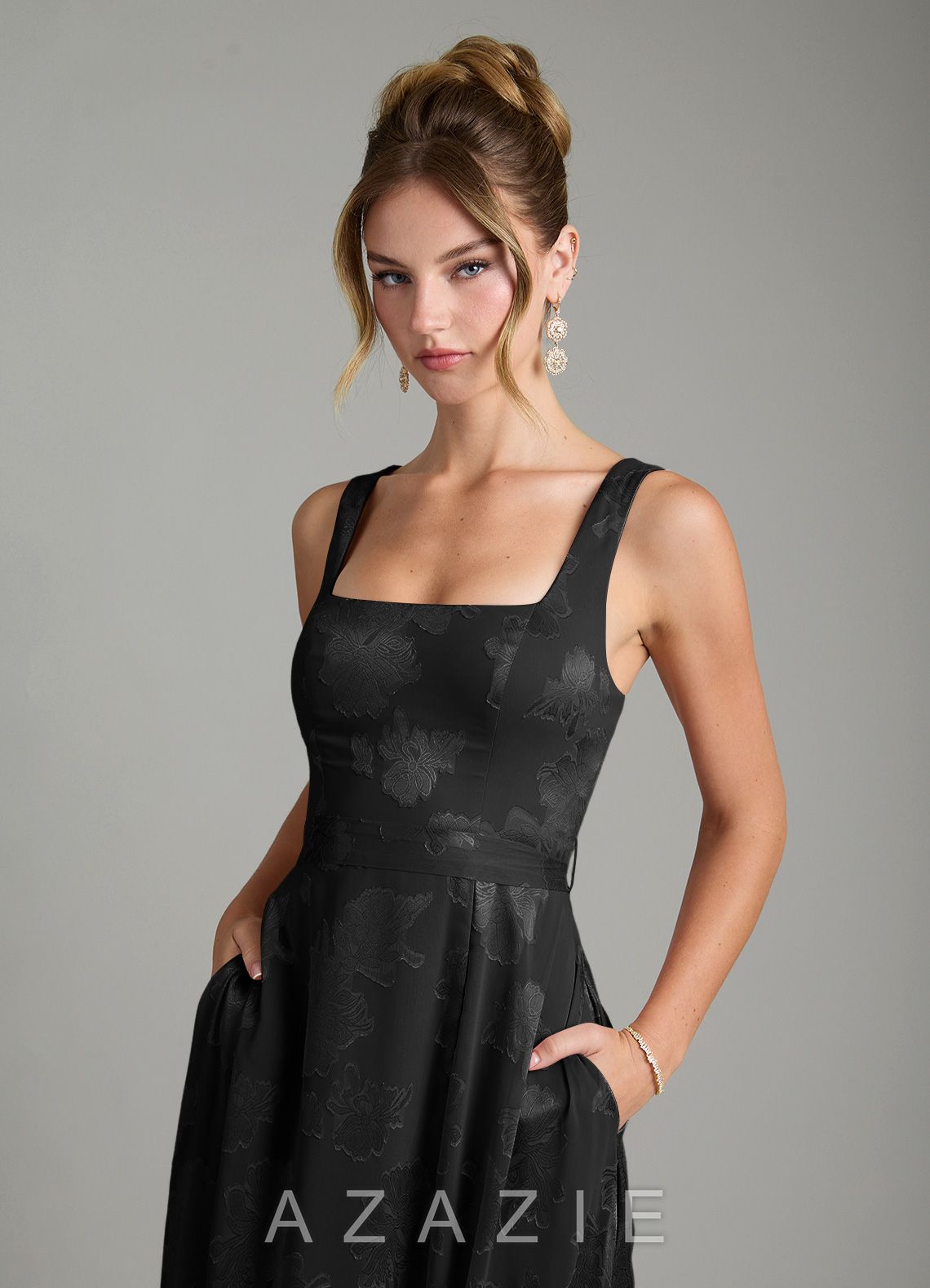 Azazie Cheyenne Black A-Line Pleated Floral Jacquard Burnout Dress black