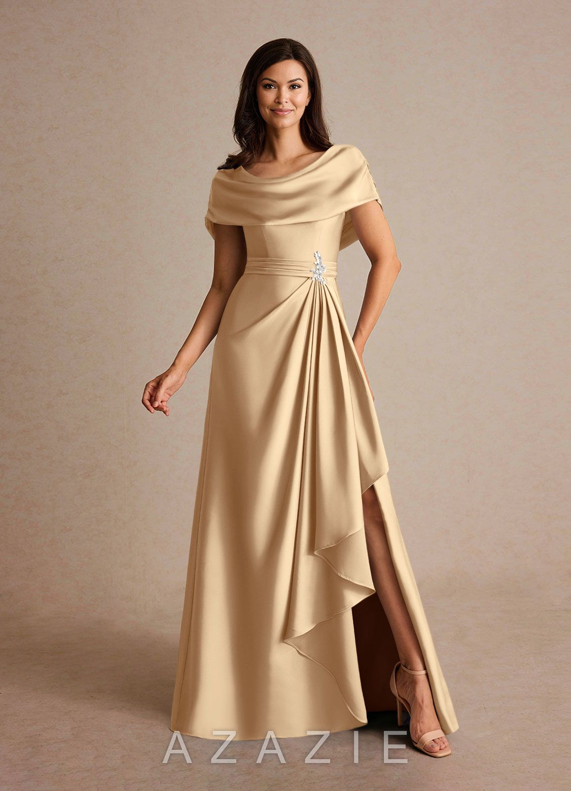 Azazie Branford Champagne A-Line Pleated Stretch Satin Dress