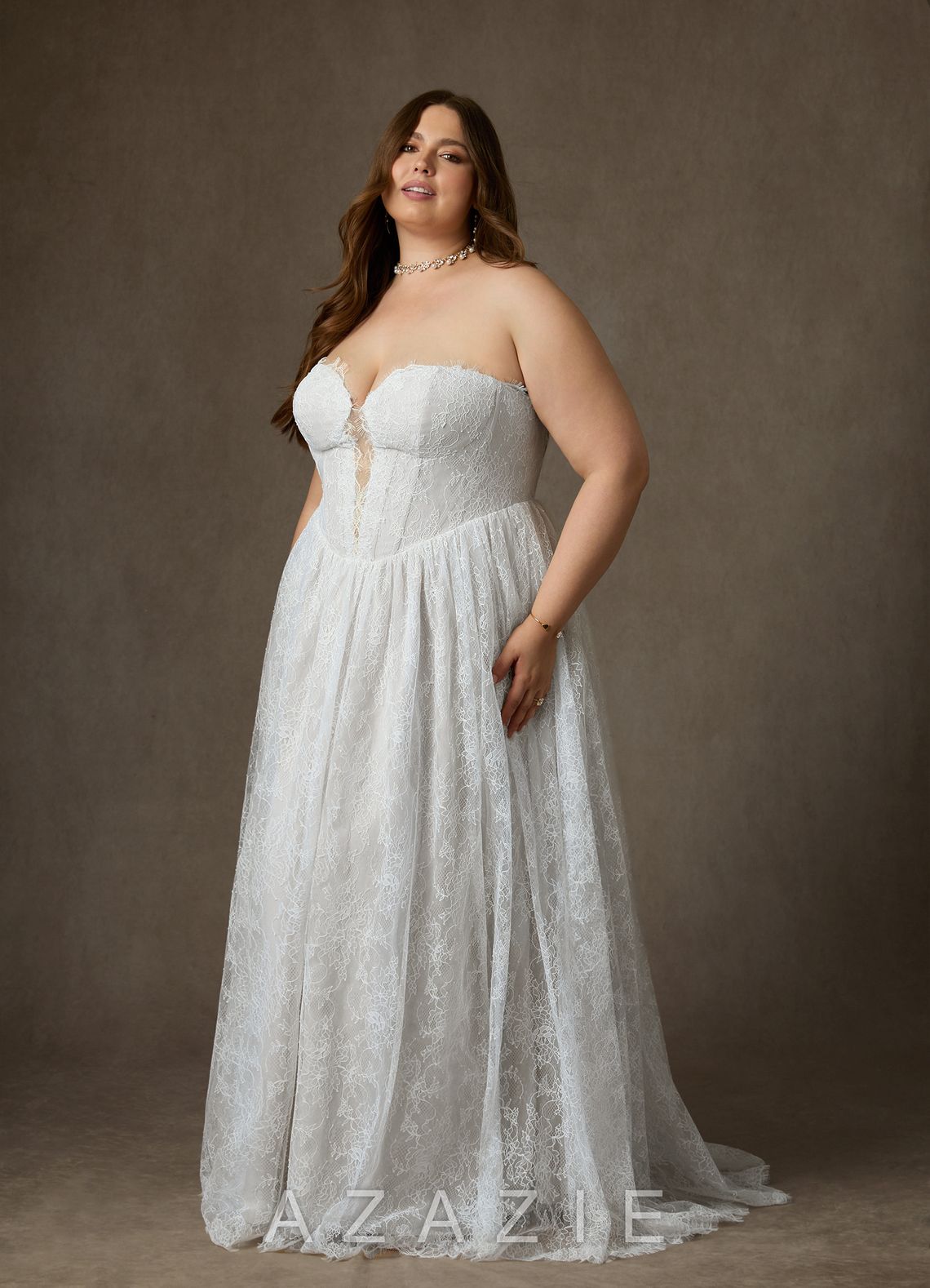 Azazie Lorena Diamond White A-Line Strapless Lace Dress