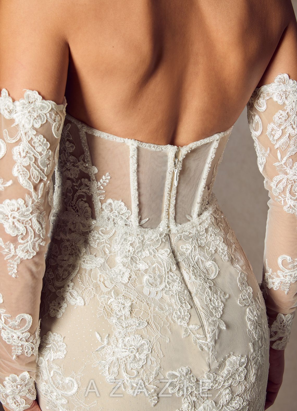 Azazie Caitlin Diamond White Champagne Mermaid Strapless Lace Dress diamond_white/champagne