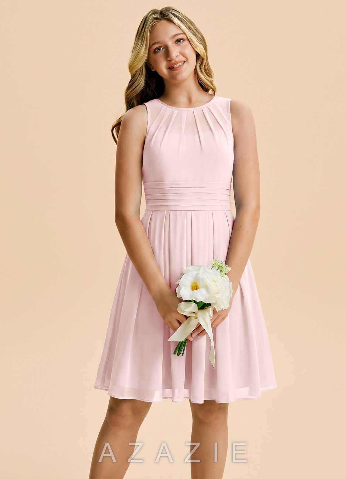 Azazie Bibiane Junior Blushing Pink A-Line Pleated Chiffon Dress