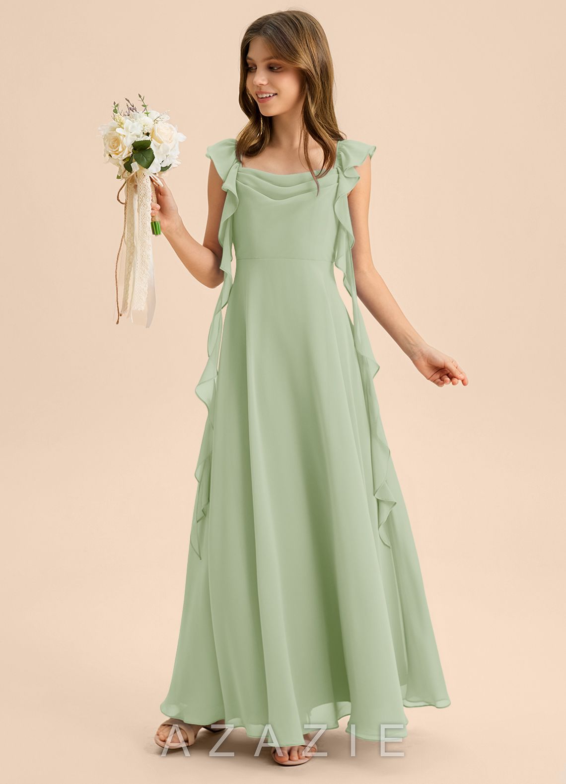 Azazie Carmin Junior Dusty Sage A-Line Ruched Chiffon Dress dusty_sage